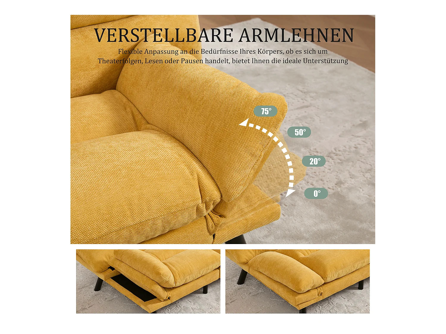 Canapé convertible 2 places - 165 x 90 x 76 cm - avec dossier et accoudoirs réglables - Microfibre - jaune