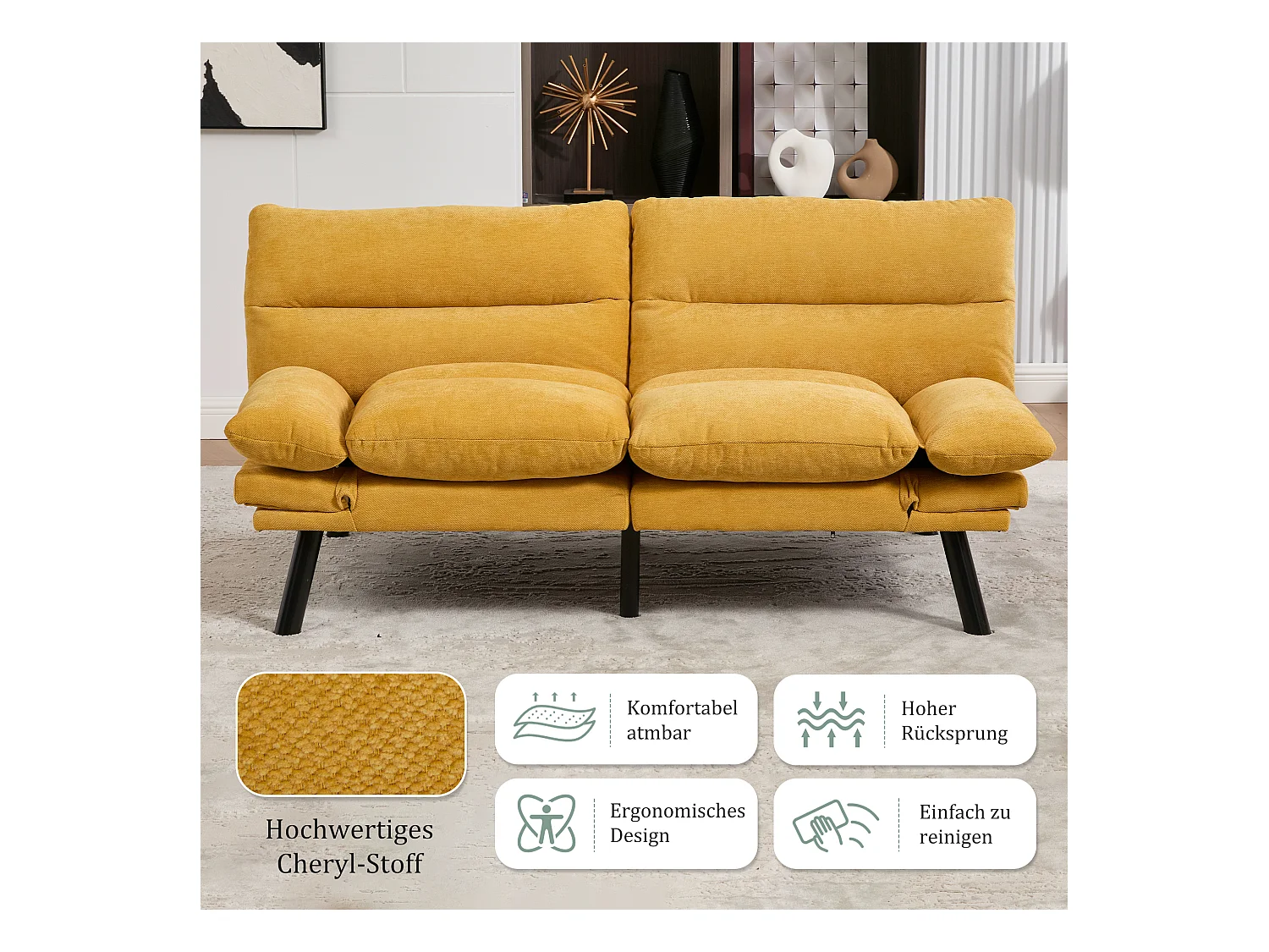 Canapé convertible 2 places - 165 x 90 x 76 cm - avec dossier et accoudoirs réglables - Microfibre - jaune