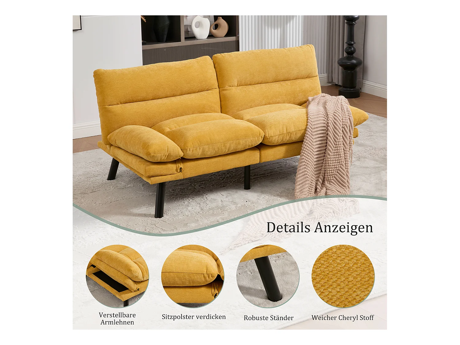 Canapé convertible 2 places - 165 x 90 x 76 cm - avec dossier et accoudoirs réglables - Microfibre - jaune