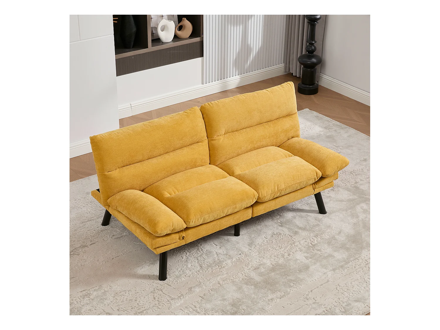 Canapé convertible 2 places - 165 x 90 x 76 cm - avec dossier et accoudoirs réglables - Microfibre - jaune