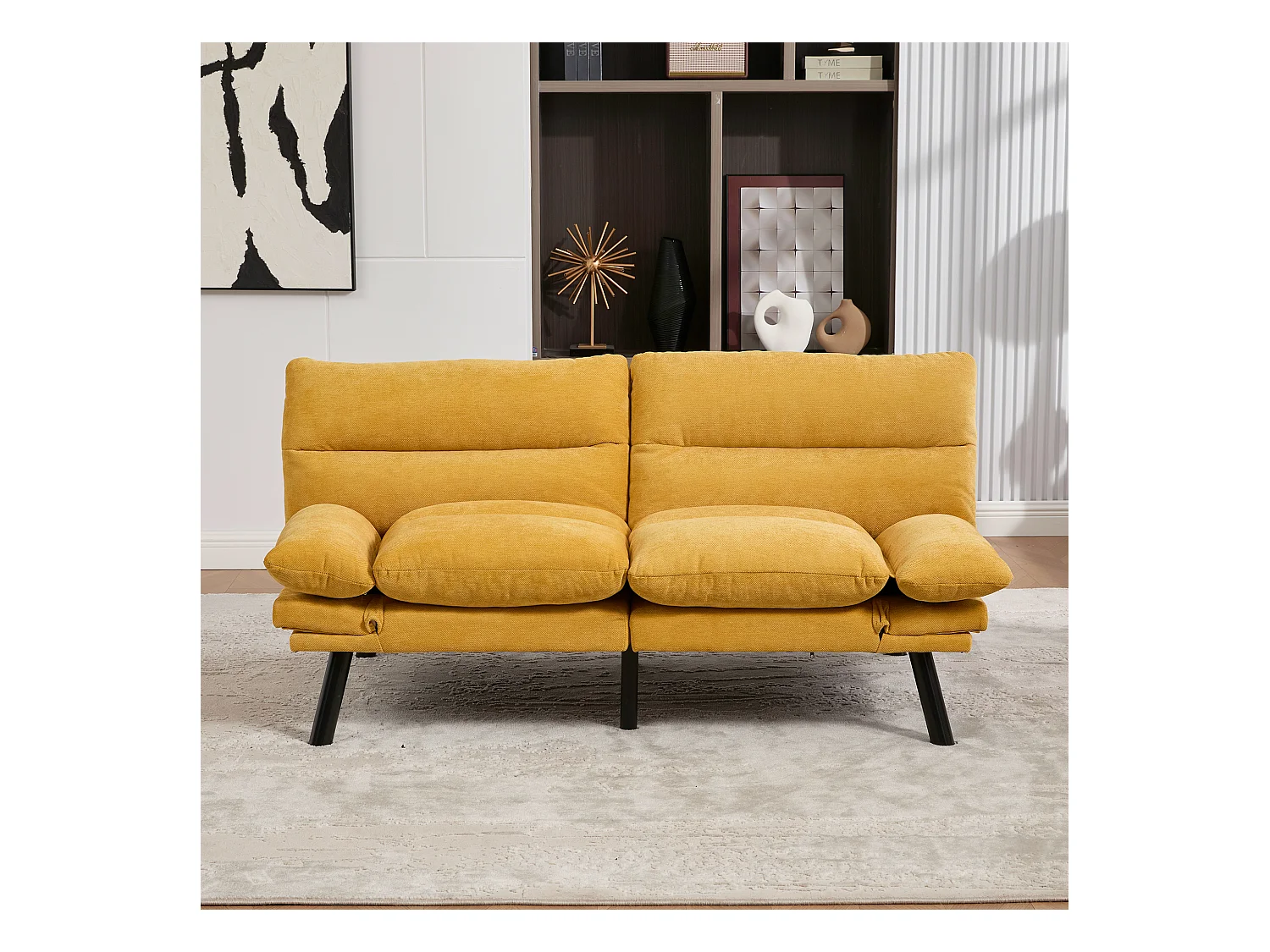 Canapé convertible 2 places - 165 x 90 x 76 cm - avec dossier et accoudoirs réglables - Microfibre - jaune