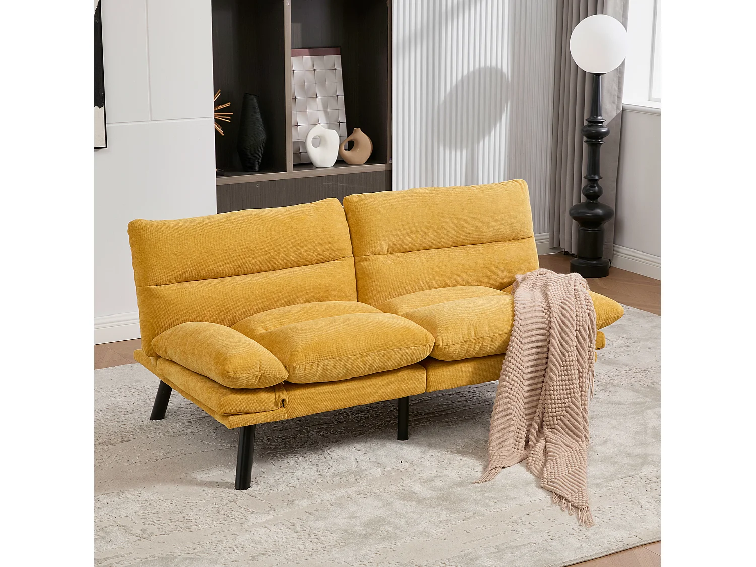 2-Sitzer-Schlafsofa – 165 x 90 x 76 cm – mit verstellbarer Rückenlehne und Armlehnen – Mikrofaser – gelb
