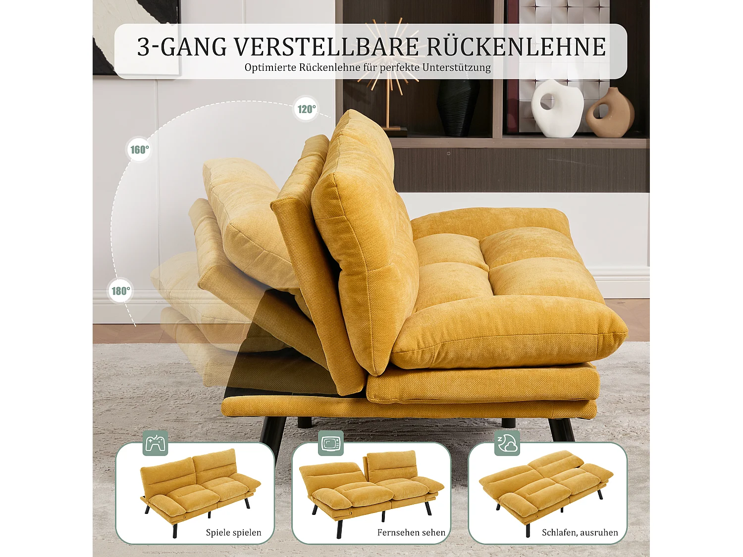 2-Sitzer-Schlafsofa – 165 x 90 x 76 cm – mit verstellbarer Rückenlehne und Armlehnen – Mikrofaser – gelb