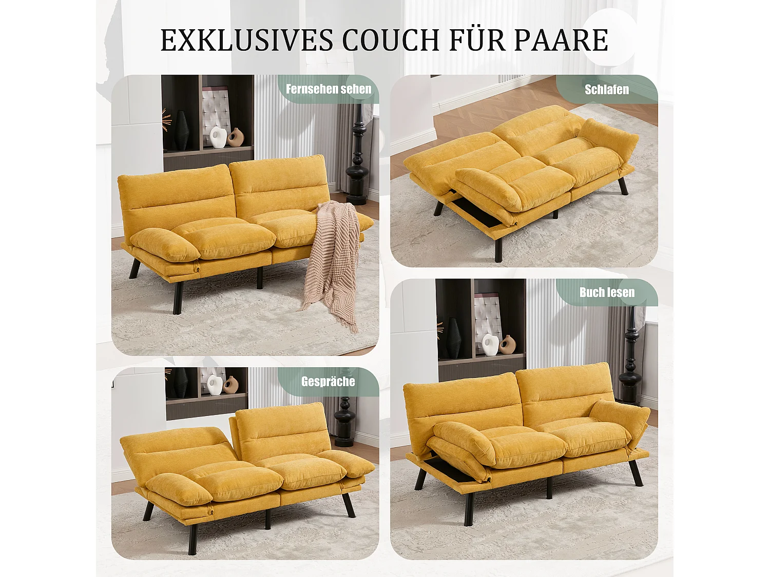 2-Sitzer-Schlafsofa – 165 x 90 x 76 cm – mit verstellbarer Rückenlehne und Armlehnen – Mikrofaser – gelb