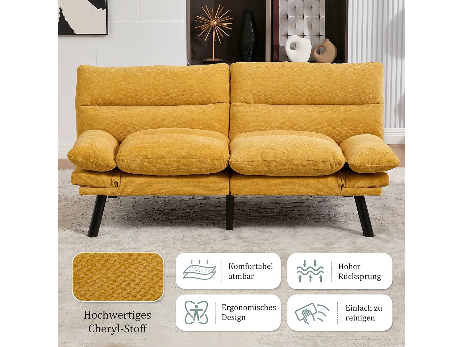 2-Sitzer-Schlafsofa – 165 x 90 x 76 cm – mit verstellbarer Rückenlehne und Armlehnen – Mikrofaser – gelb