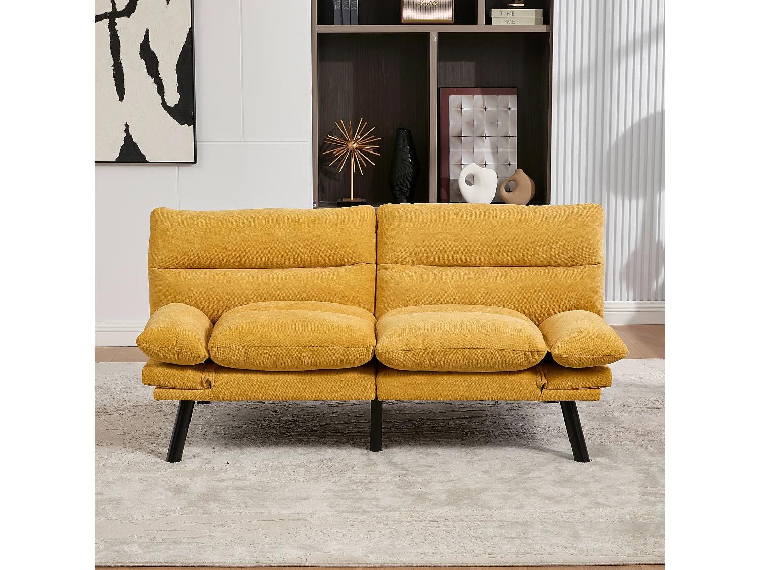 2-Sitzer-Schlafsofa – 165 x 90 x 76 cm – mit verstellbarer Rückenlehne und Armlehnen – Mikrofaser – gelb