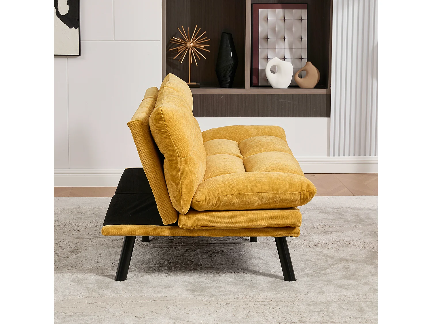 2-Sitzer-Schlafsofa – 165 x 90 x 76 cm – mit verstellbarer Rückenlehne und Armlehnen – Mikrofaser – gelb