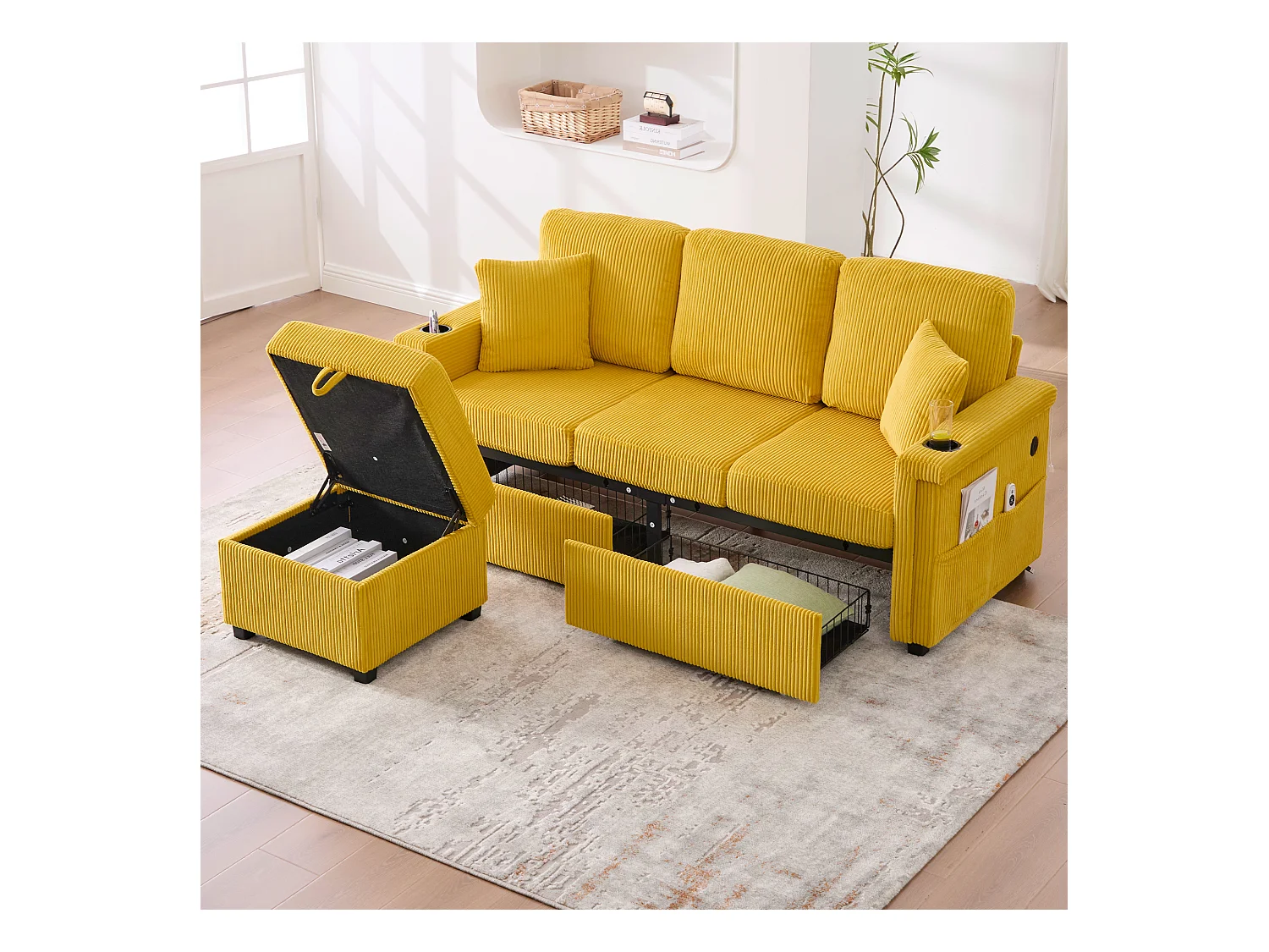 4-Sitzer-Sofa – 194 x 73 x 81 cm – mit LEDs + USB + Fußstütze mit Stauraum + 2 Schubladen – Samt – gelb