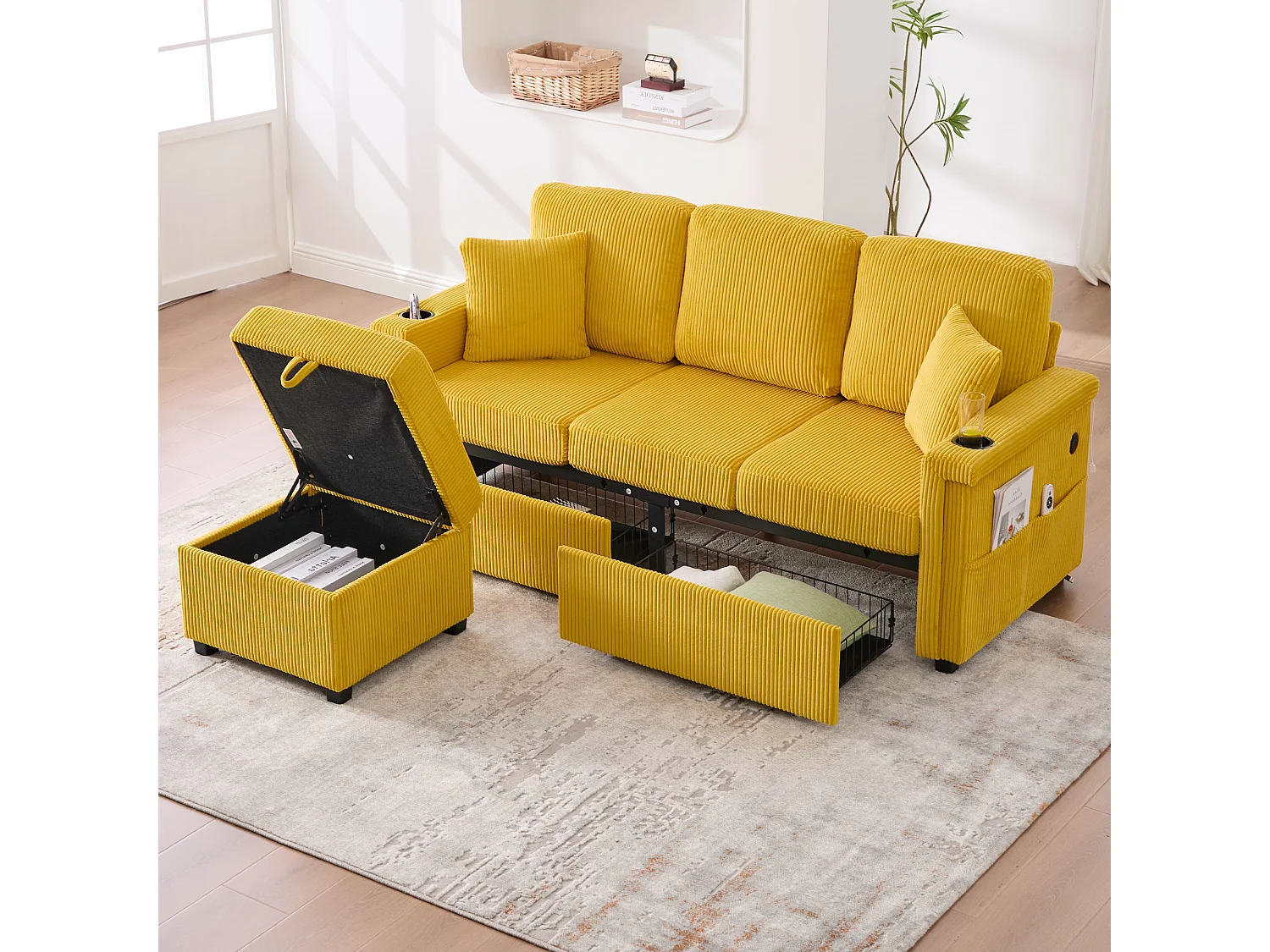 Canapé 4 places - 194 x 73 x 81 cm - avec Leds + USB + repose-pieds avec rangement + 2 tiroirs - Velours - jaune