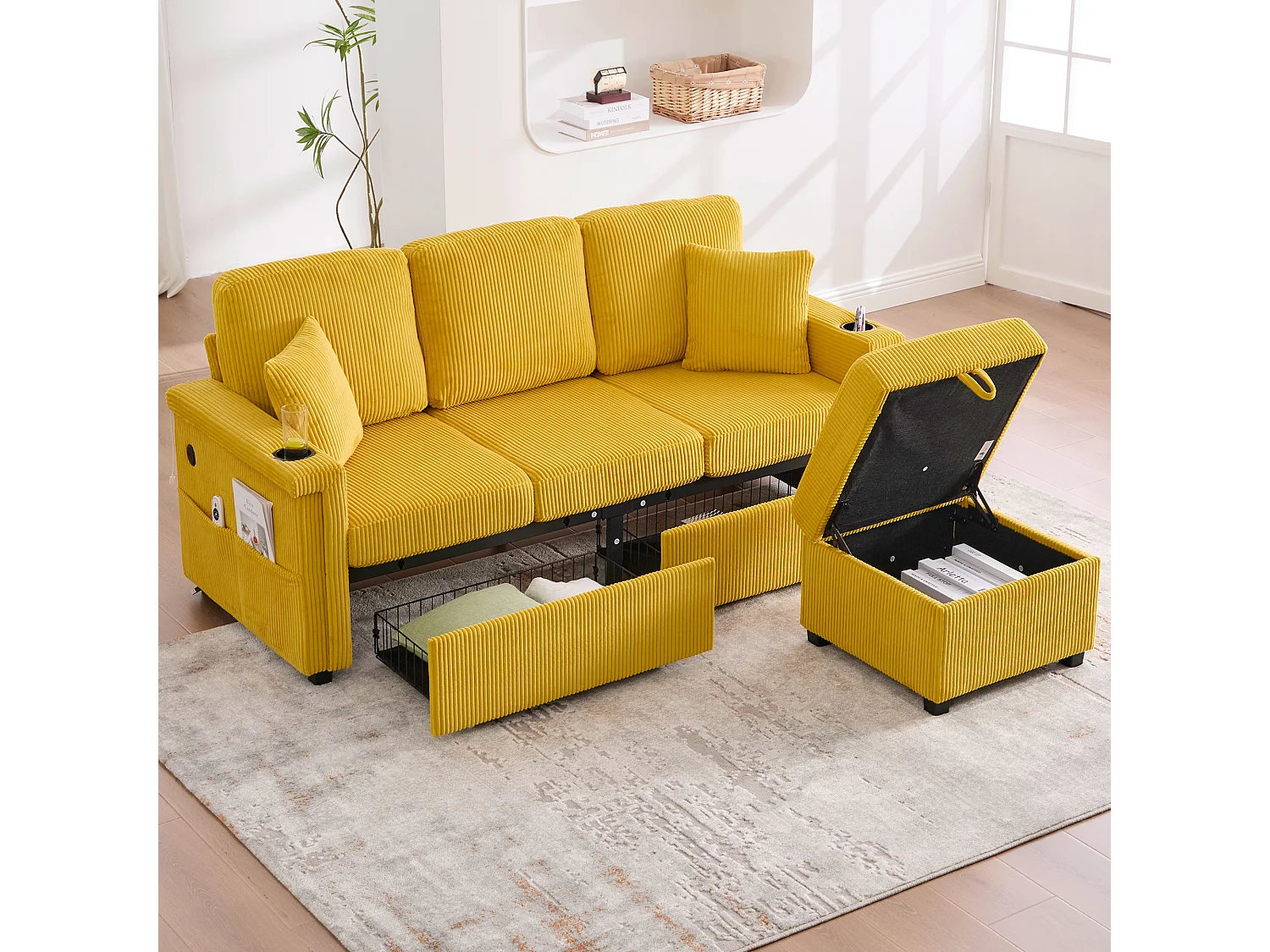 Canapé 4 places - 194 x 73 x 81 cm - avec Leds + USB + repose-pieds avec rangement + 2 tiroirs - Velours - jaune