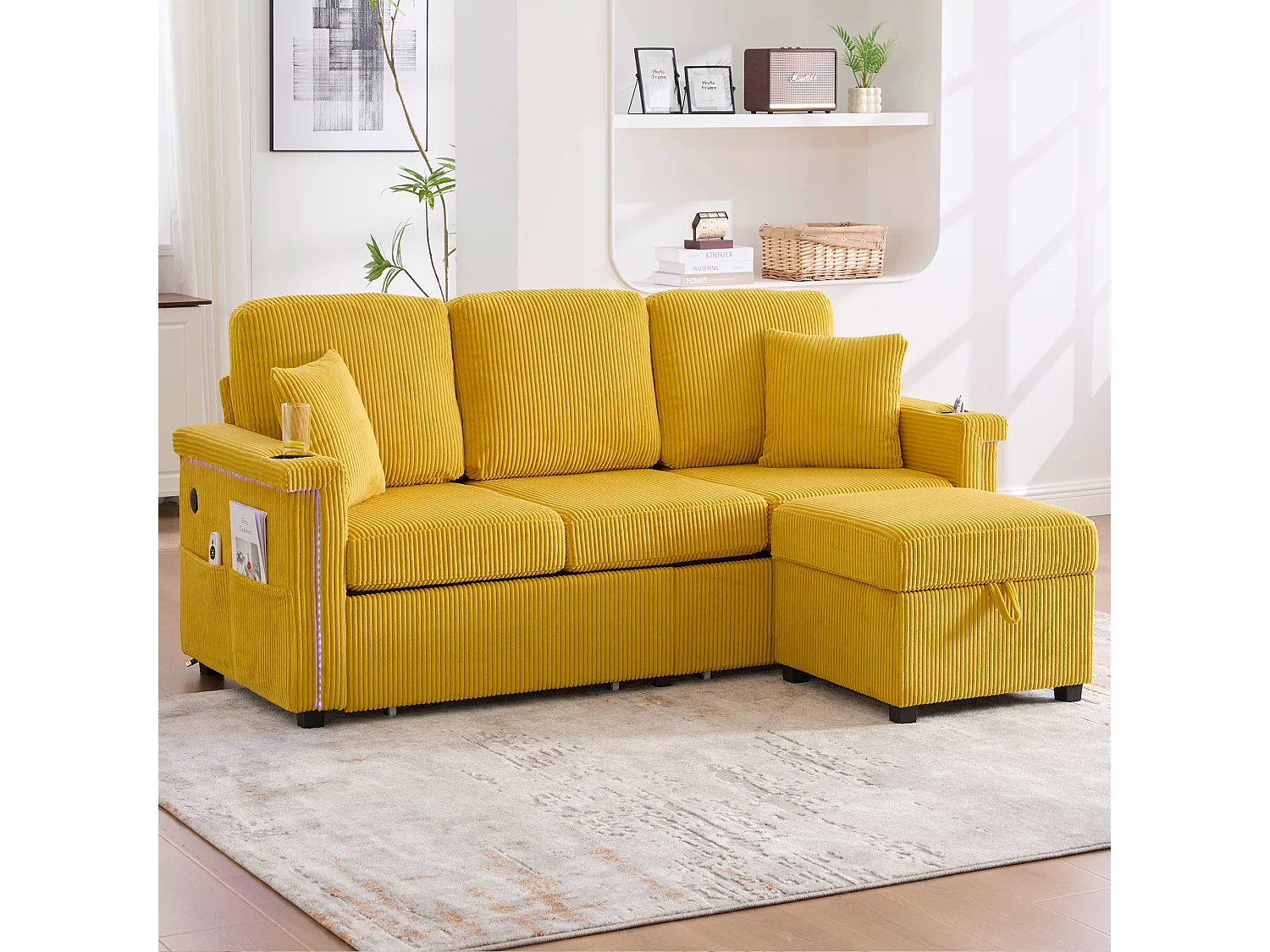 Canapé 4 places - 194 x 73 x 81 cm - avec Leds + USB + repose-pieds avec rangement + 2 tiroirs - Velours - jaune