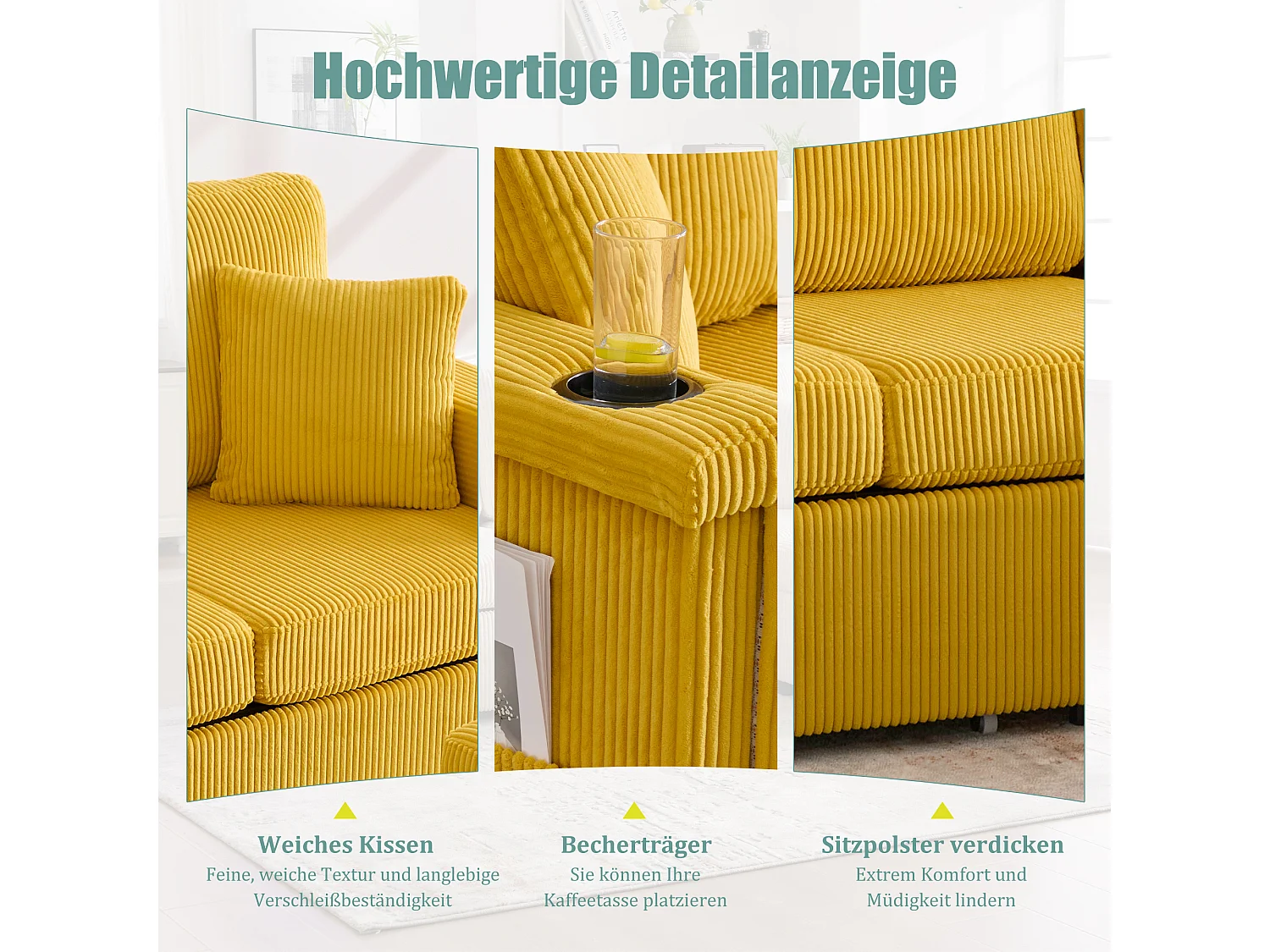 Canapé 4 places - 194 x 73 x 81 cm - avec Leds + USB + repose-pieds avec rangement + 2 tiroirs - Velours - jaune