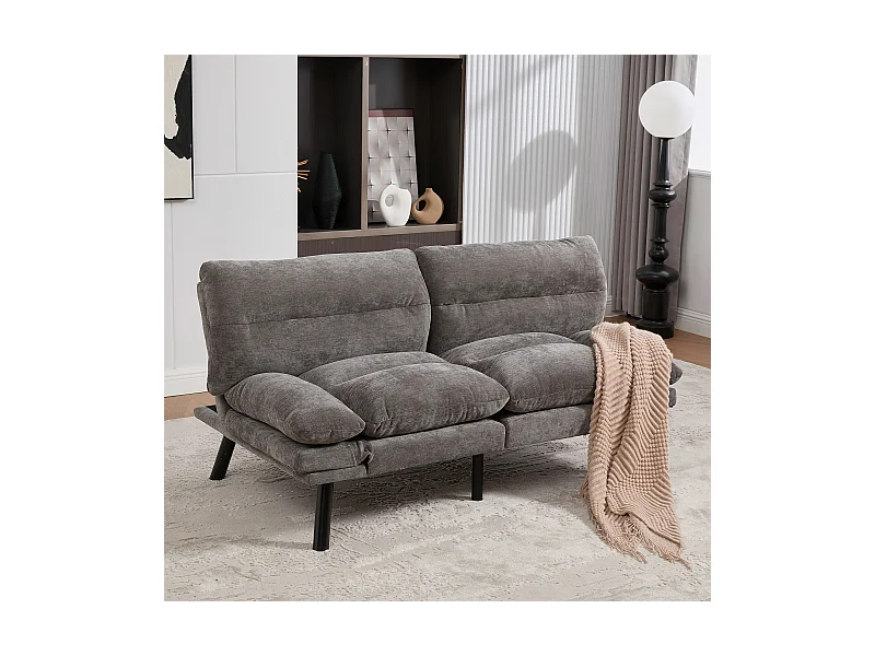 Canapé convertible 2 places - 165 x 90 x 76 cm - avec dossier et accoudoirs réglables - Microfibre - gris