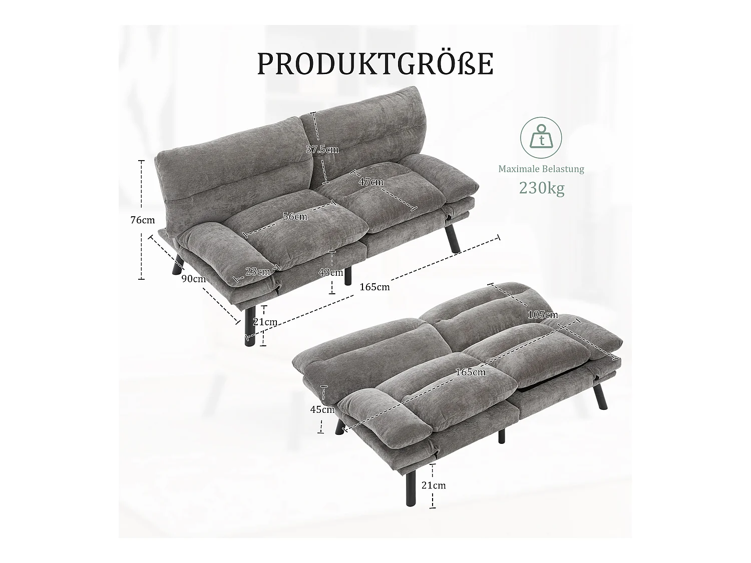 Canapé convertible 2 places - 165 x 90 x 76 cm - avec dossier et accoudoirs réglables - Microfibre - gris