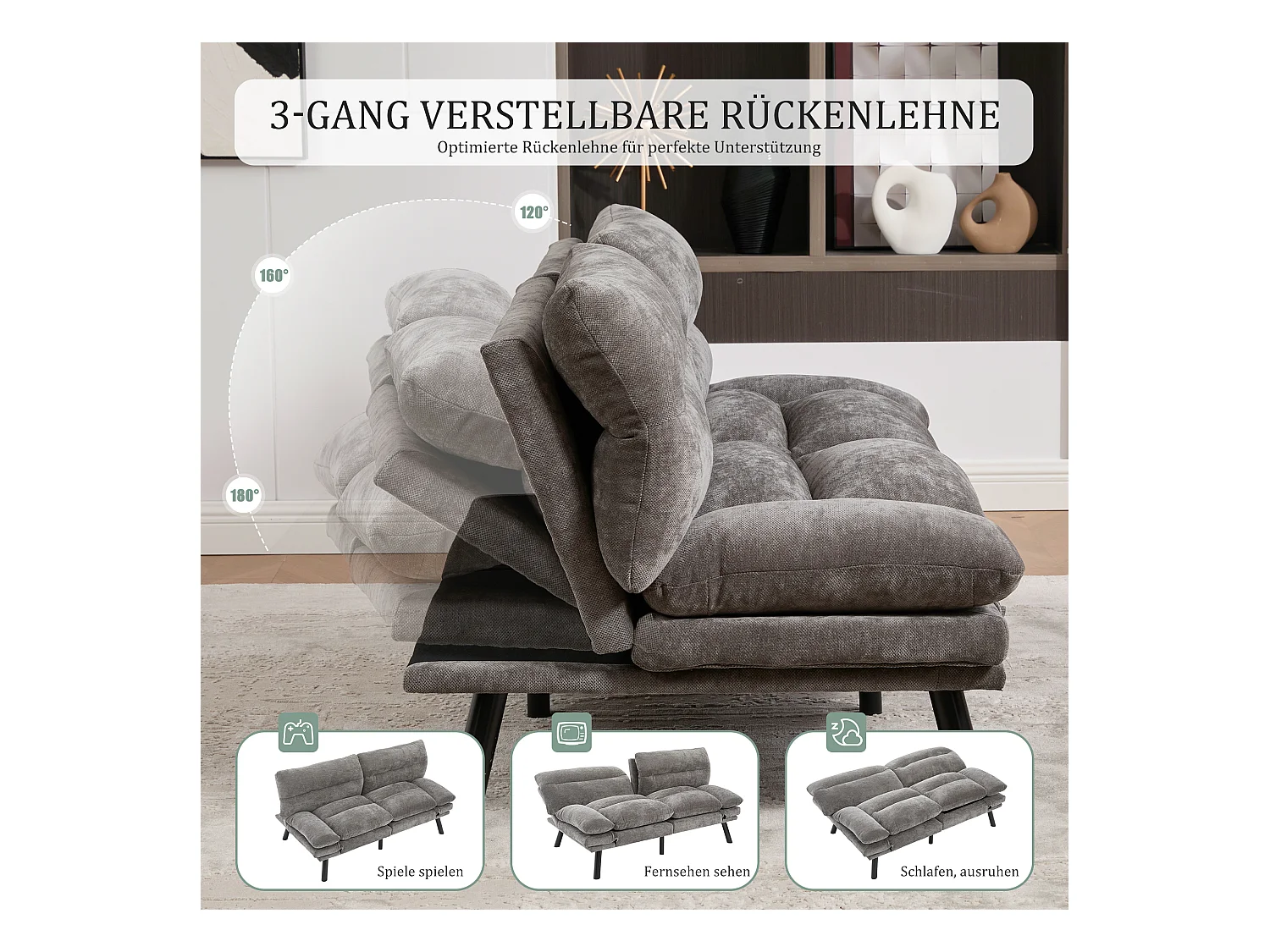 Canapé convertible 2 places - 165 x 90 x 76 cm - avec dossier et accoudoirs réglables - Microfibre - gris