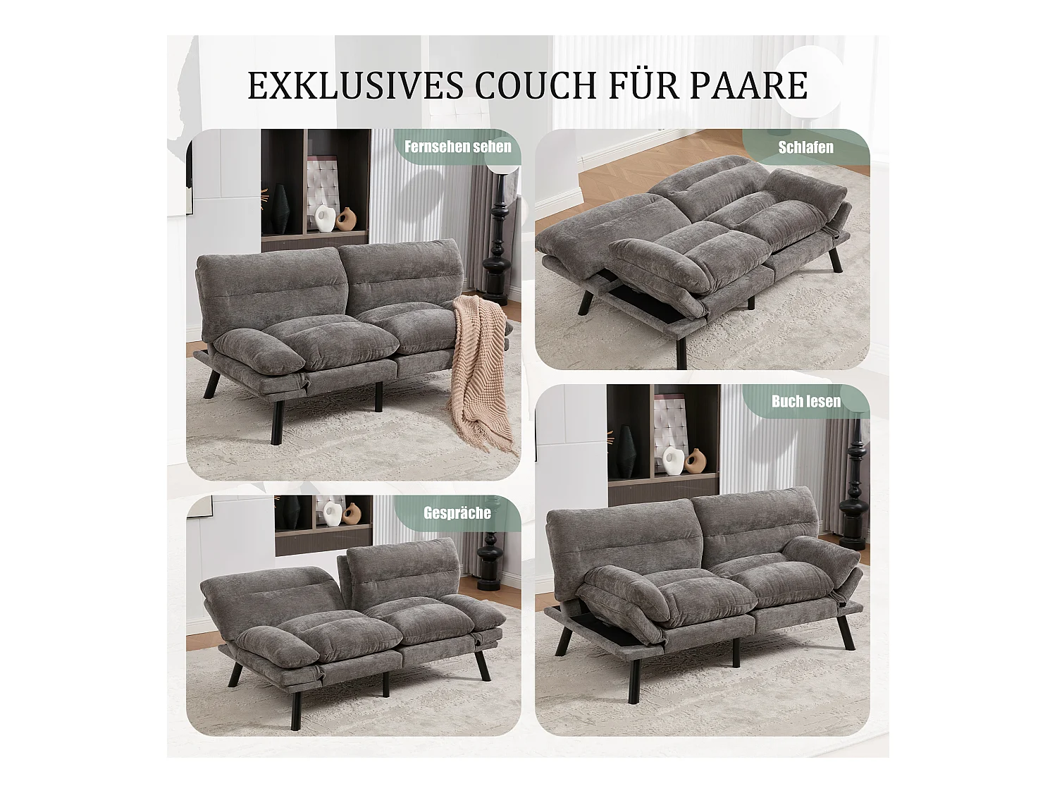 Canapé convertible 2 places - 165 x 90 x 76 cm - avec dossier et accoudoirs réglables - Microfibre - gris