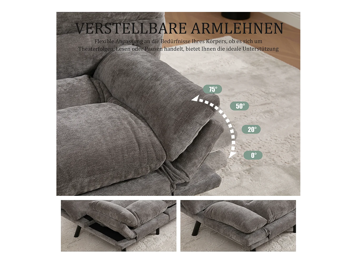 Canapé convertible 2 places - 165 x 90 x 76 cm - avec dossier et accoudoirs réglables - Microfibre - gris