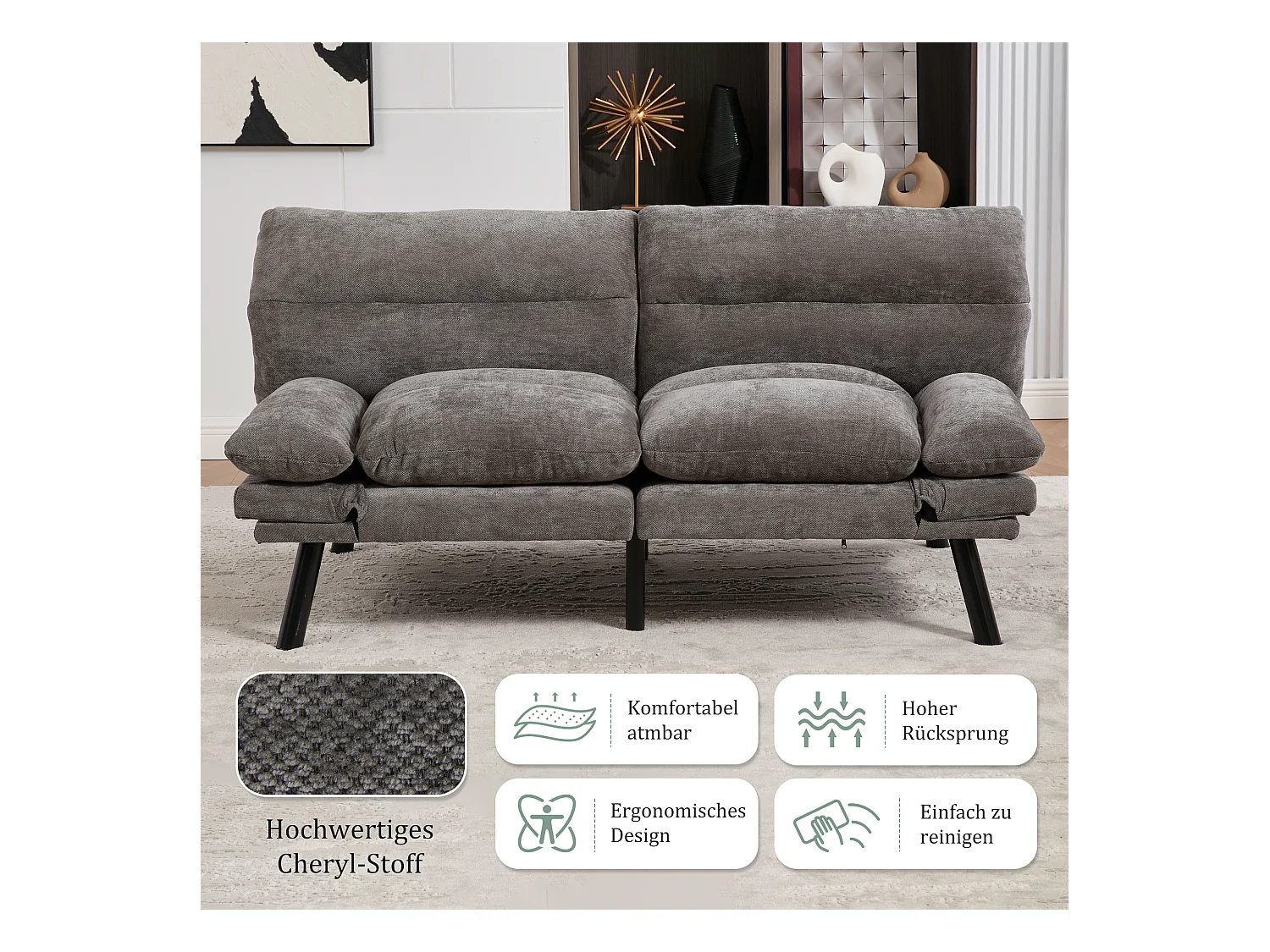 Canapé convertible 2 places - 165 x 90 x 76 cm - avec dossier et accoudoirs réglables - Microfibre - gris