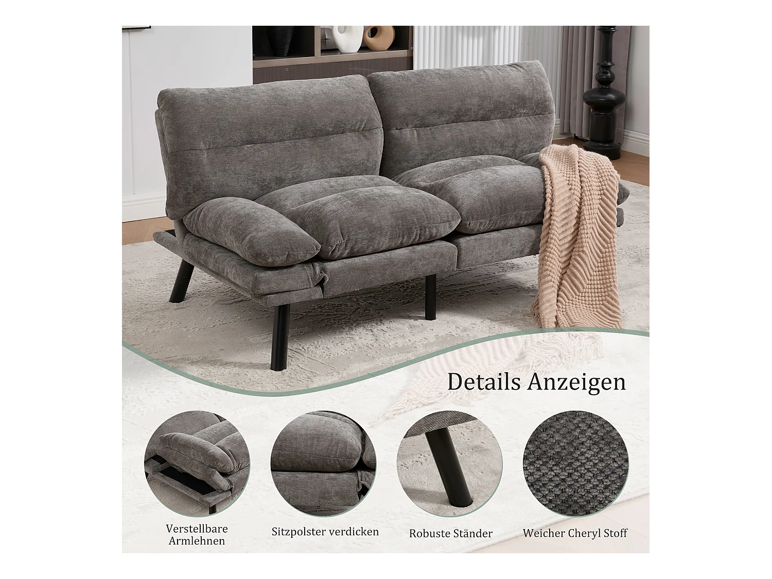 Canapé convertible 2 places - 165 x 90 x 76 cm - avec dossier et accoudoirs réglables - Microfibre - gris