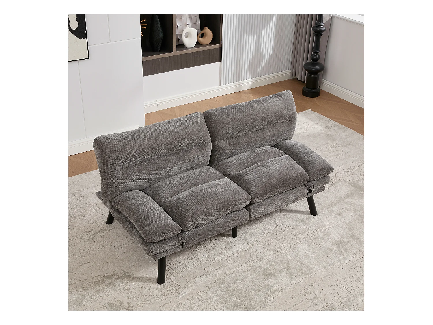 Canapé convertible 2 places - 165 x 90 x 76 cm - avec dossier et accoudoirs réglables - Microfibre - gris