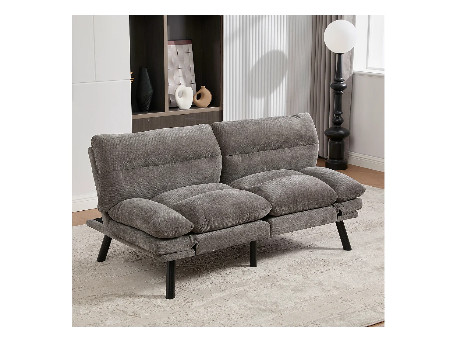 Canapé convertible 2 places - 165 x 90 x 76 cm - avec dossier et accoudoirs réglables - Microfibre - gris