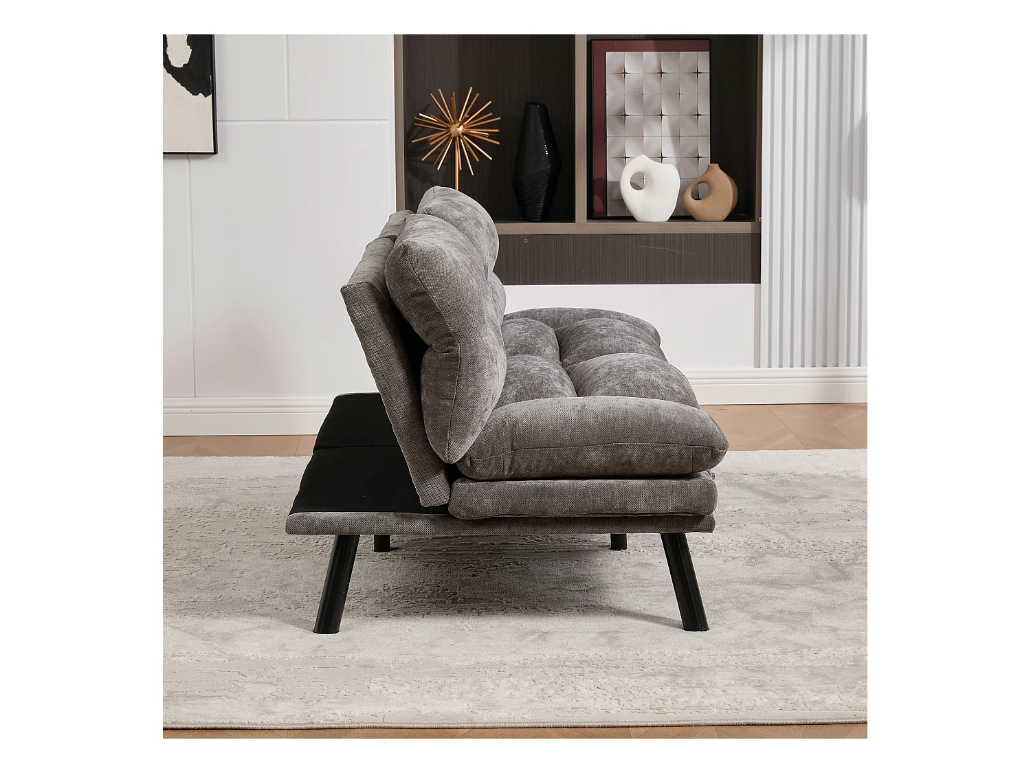 Canapé convertible 2 places - 165 x 90 x 76 cm - avec dossier et accoudoirs réglables - Microfibre - gris