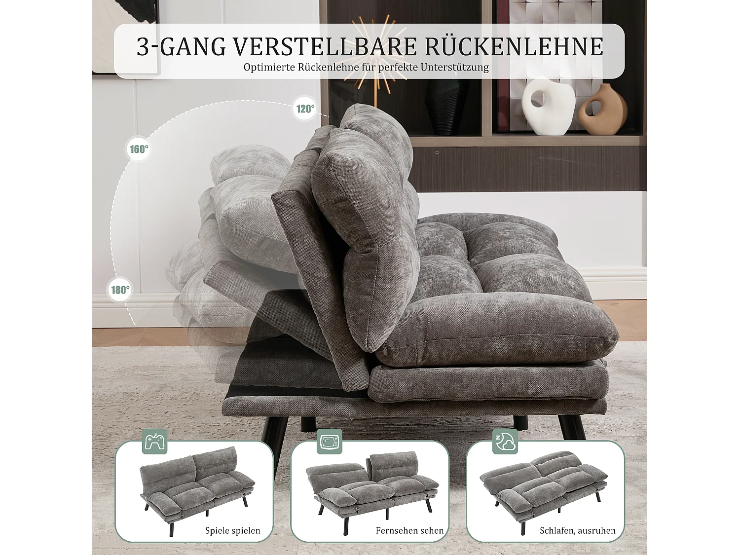 2-Sitzer-Schlafsofa – 165 x 90 x 76 cm – mit verstellbarer Rückenlehne und Armlehnen – Mikrofaser – grau