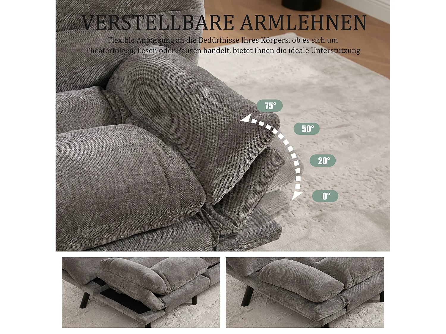 2-Sitzer-Schlafsofa – 165 x 90 x 76 cm – mit verstellbarer Rückenlehne und Armlehnen – Mikrofaser – grau