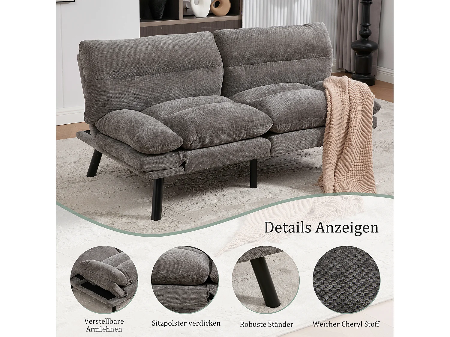2-Sitzer-Schlafsofa – 165 x 90 x 76 cm – mit verstellbarer Rückenlehne und Armlehnen – Mikrofaser – grau
