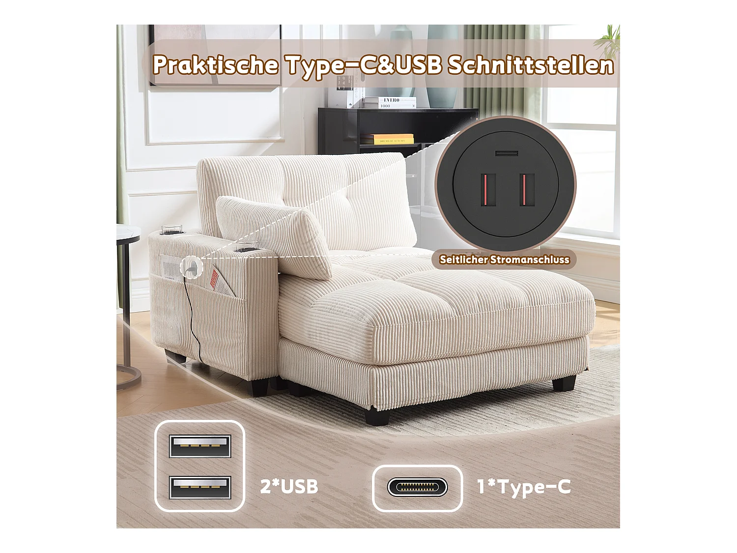 Sofá estofado - 140 x 112 x 81 cm - corrimãos com almofadas de enrolar - veludo - bege