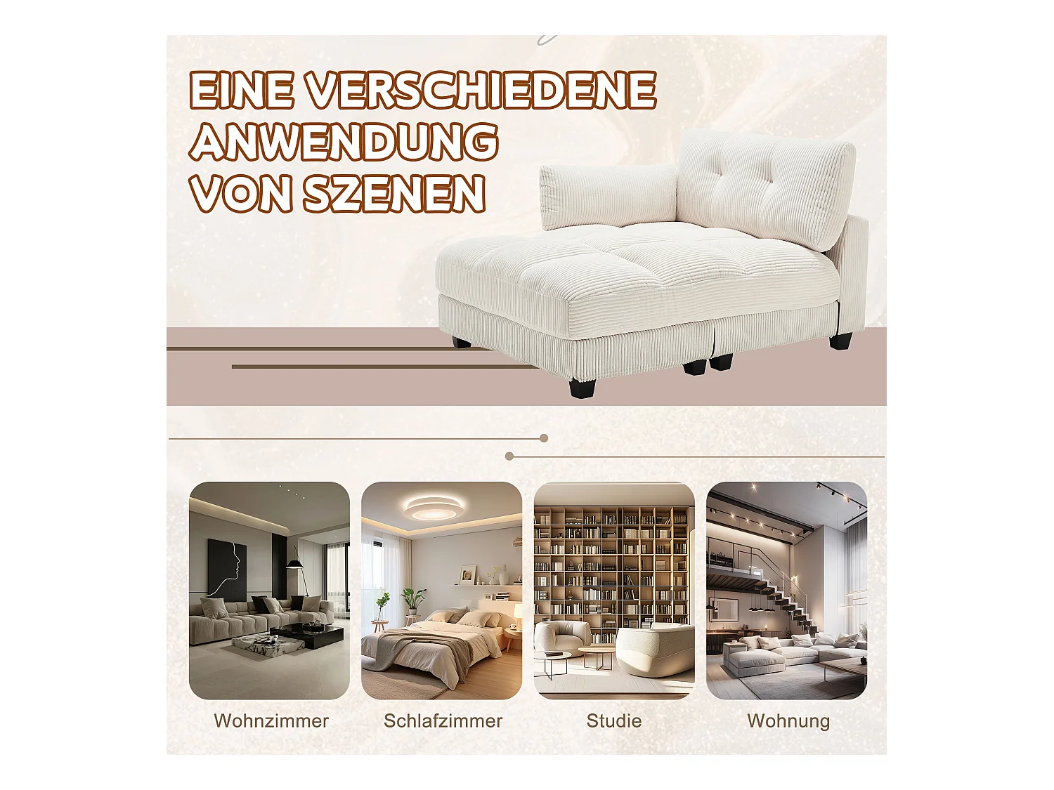 Sofá estofado - 140 x 112 x 81 cm - corrimãos com almofadas de enrolar - veludo - bege