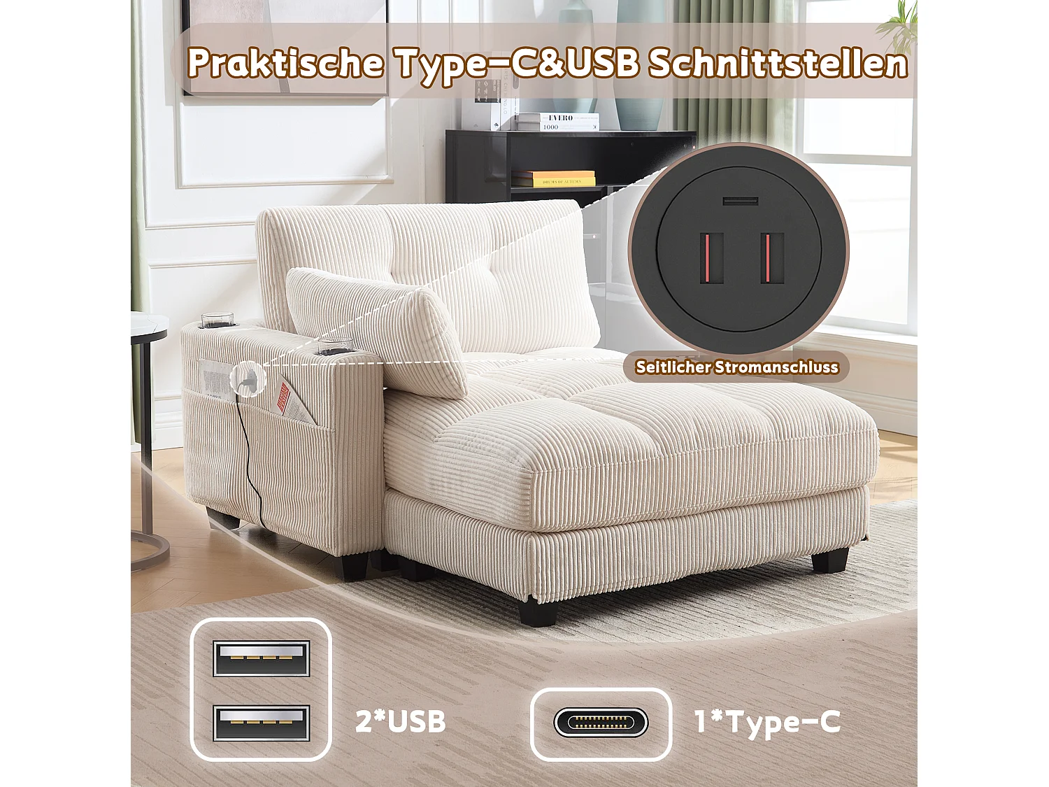 Gestoffeerde bank - 140 x 112 x 81 cm - leuningen met rolkussens - fluweel - beige