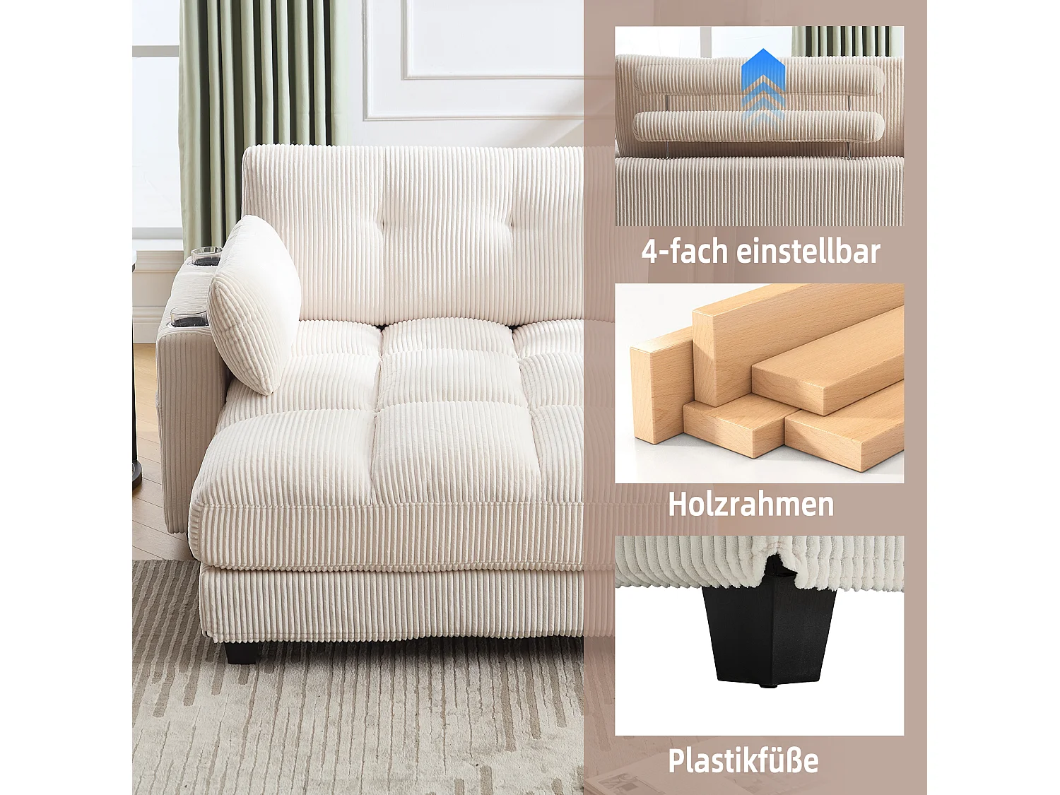 Gestoffeerde bank - 140 x 112 x 81 cm - leuningen met rolkussens - fluweel - beige