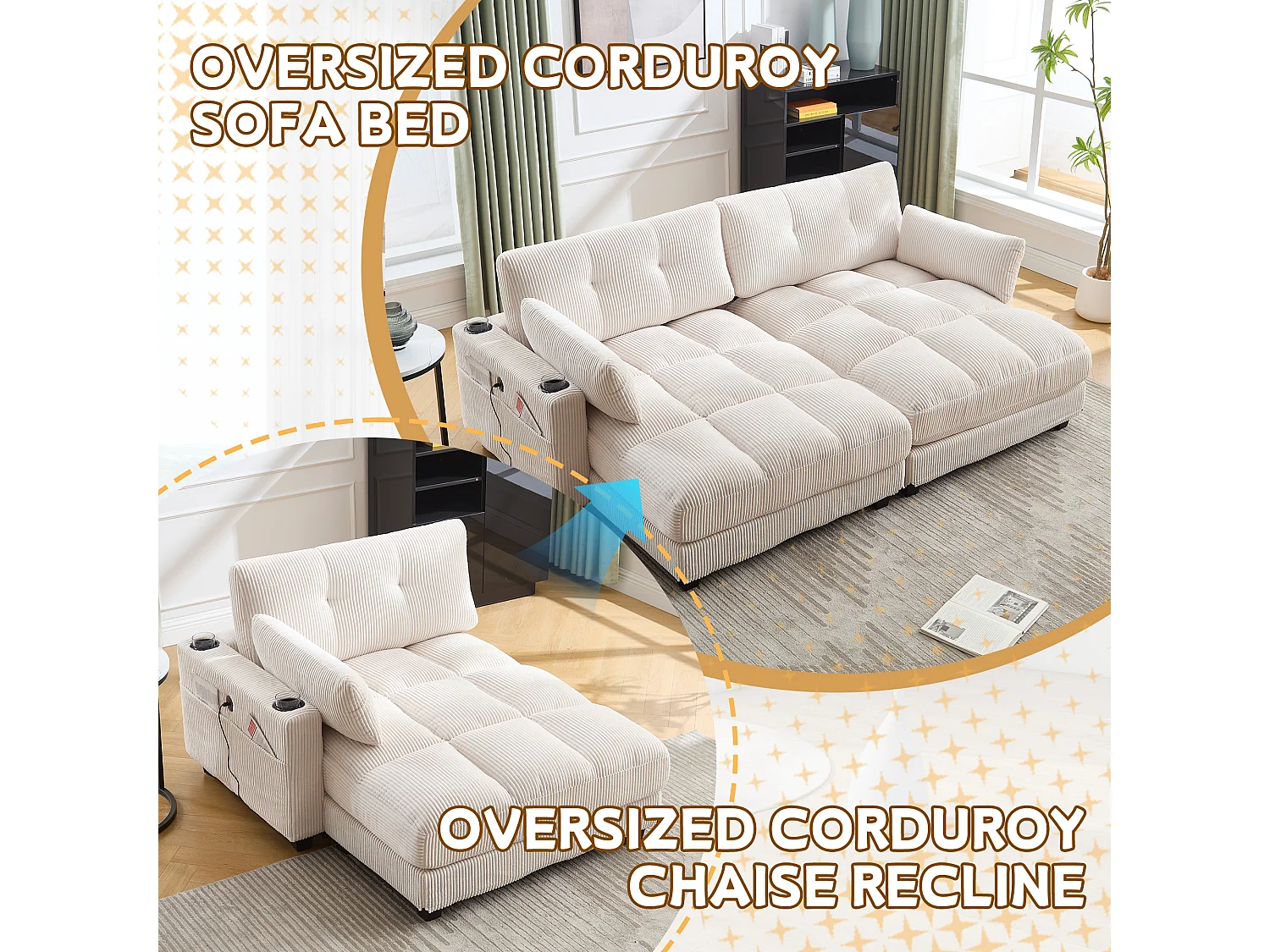 Gestoffeerde bank - 140 x 112 x 81 cm - leuningen met rolkussens - fluweel - beige