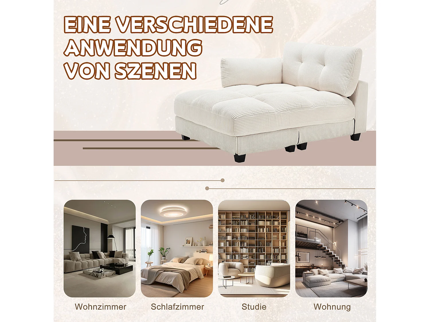 Gestoffeerde bank - 140 x 112 x 81 cm - leuningen met rolkussens - fluweel - beige