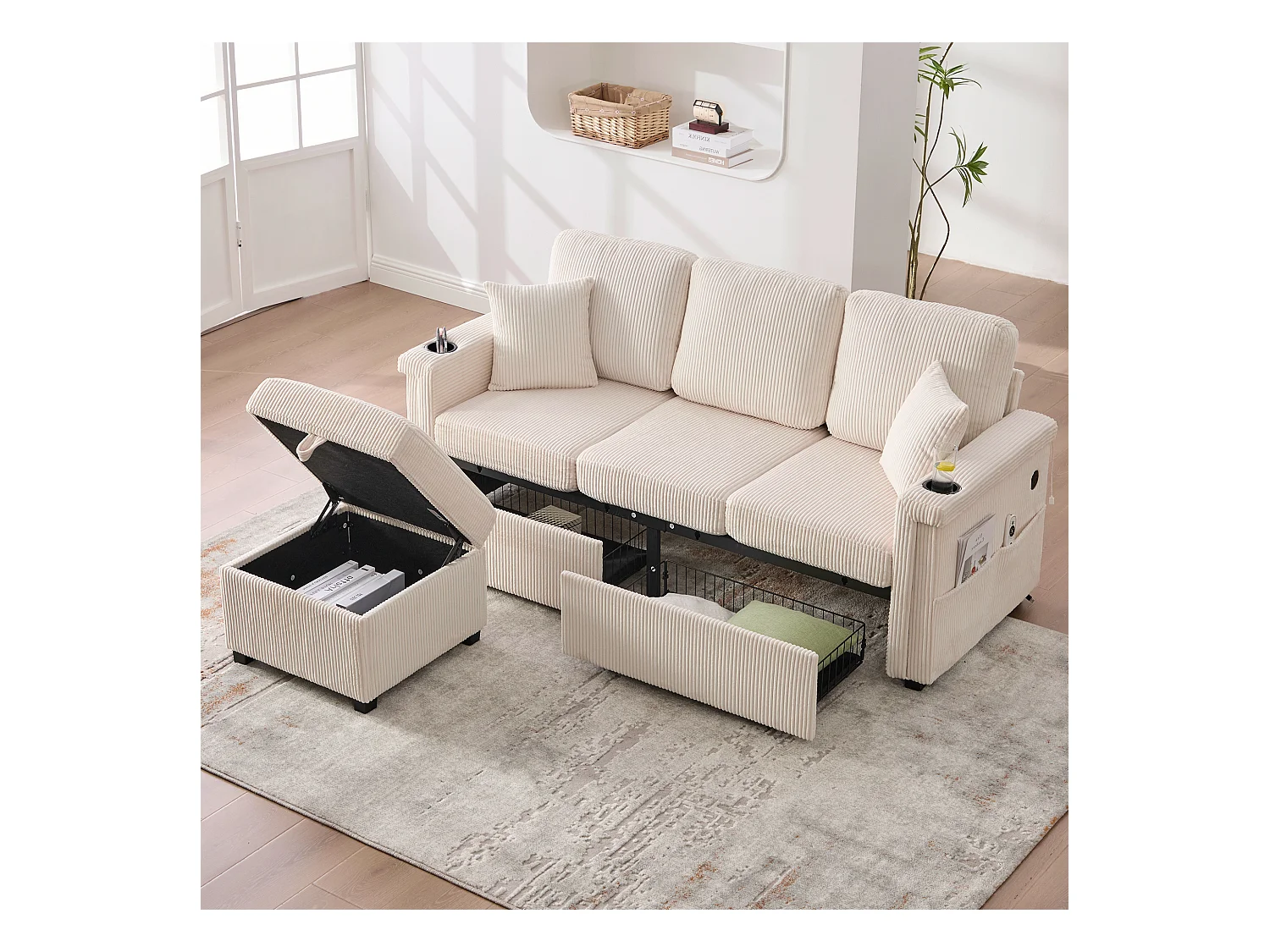 Canapé 4 places - 194 x 73 x 81 cm - avec Leds + USB + repose-pieds avec rangement + 2 tiroirs - Velours - beige