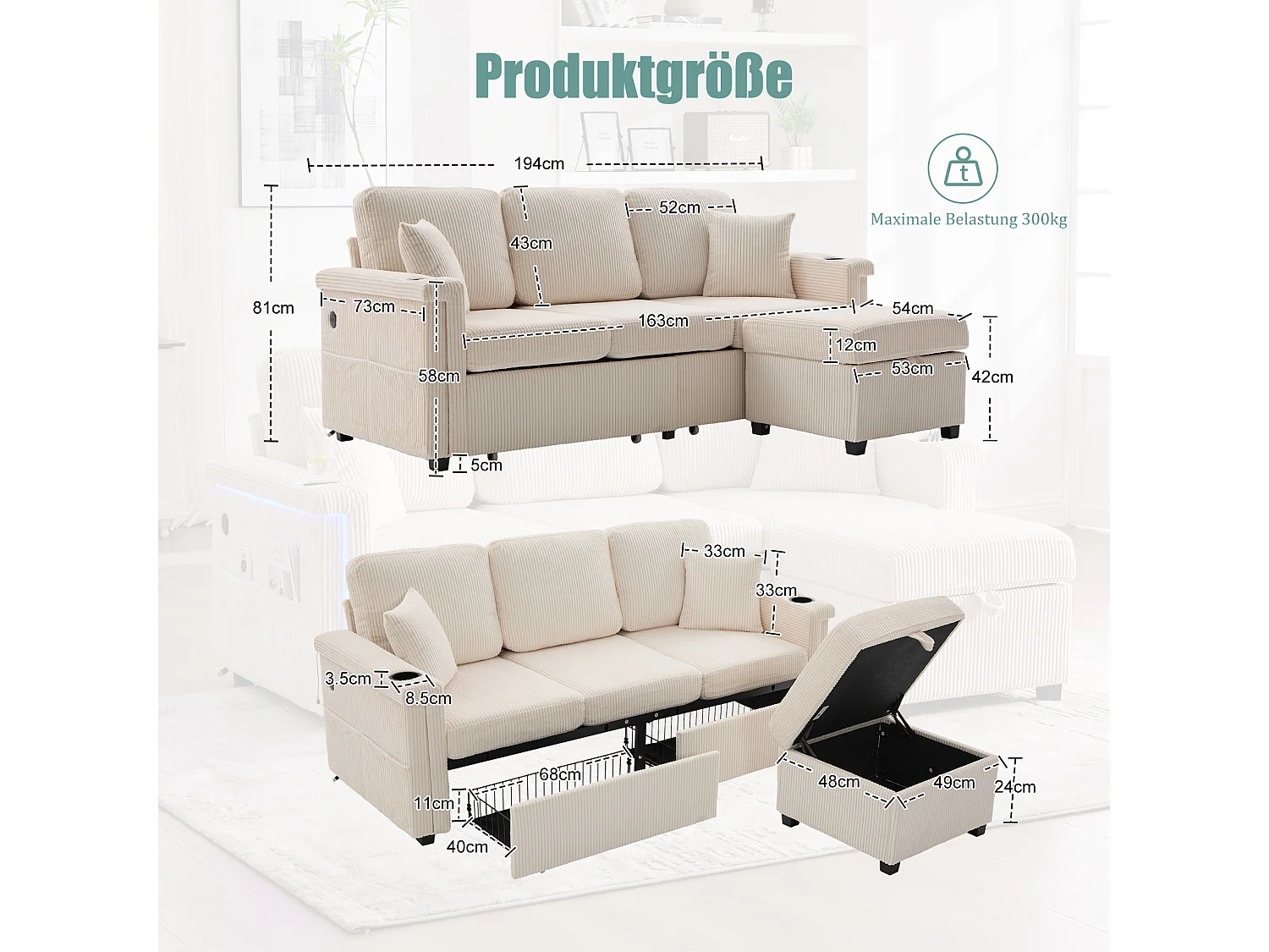 Canapé 4 places - 194 x 73 x 81 cm - avec Leds + USB + repose-pieds avec rangement + 2 tiroirs - Velours - beige