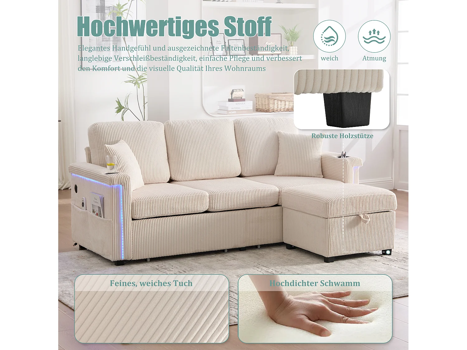 Canapé 4 places - 194 x 73 x 81 cm - avec Leds + USB + repose-pieds avec rangement + 2 tiroirs - Velours - beige