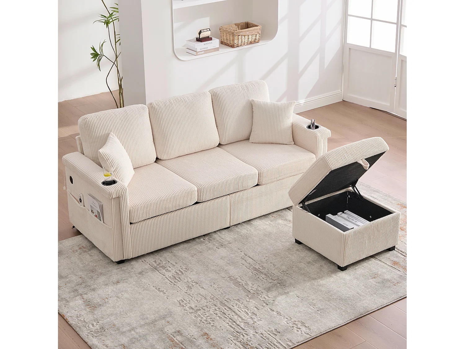 Canapé 4 places - 194 x 73 x 81 cm - avec Leds + USB + repose-pieds avec rangement + 2 tiroirs - Velours - beige