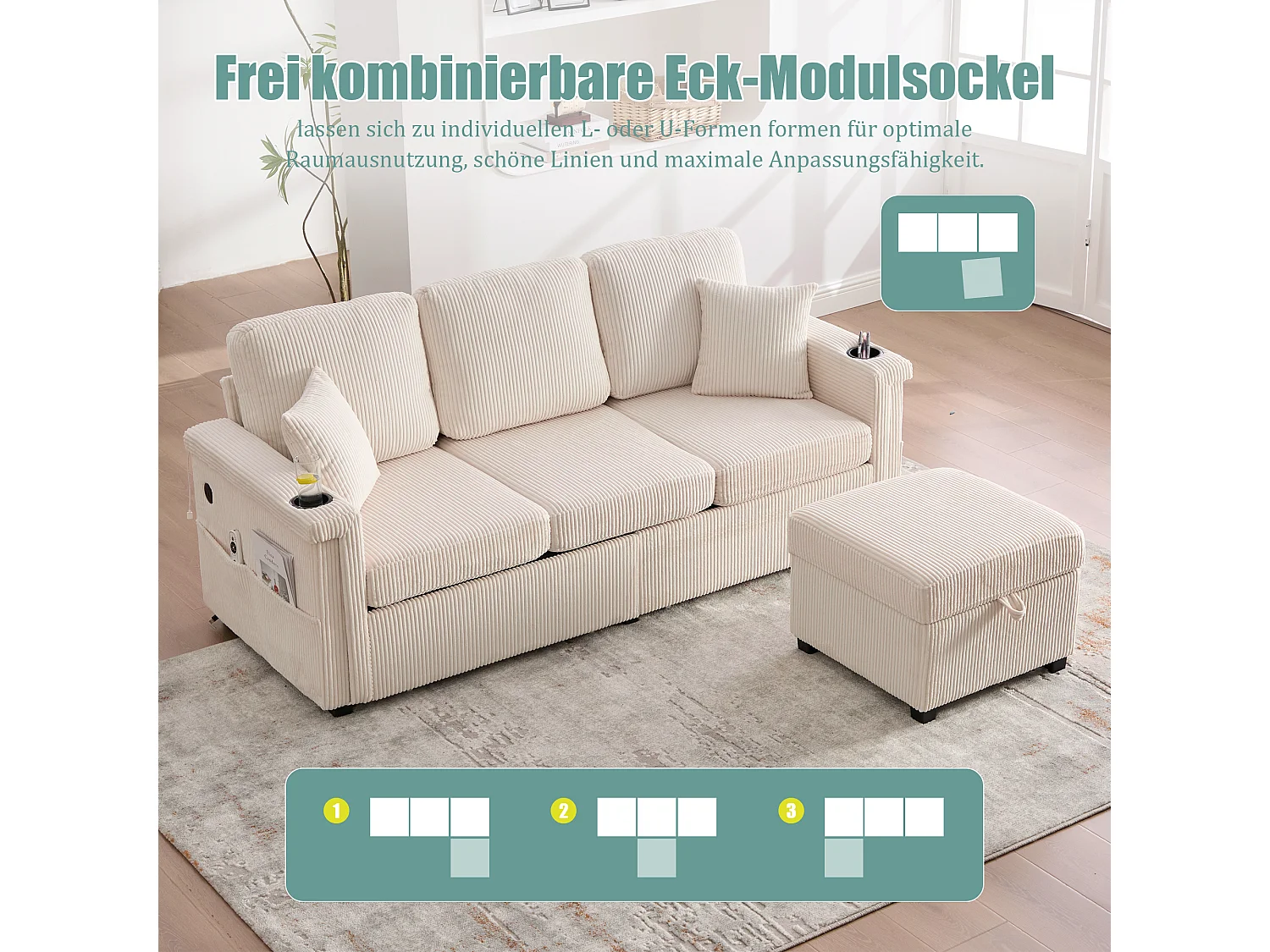 Canapé 4 places - 194 x 73 x 81 cm - avec Leds + USB + repose-pieds avec rangement + 2 tiroirs - Velours - beige