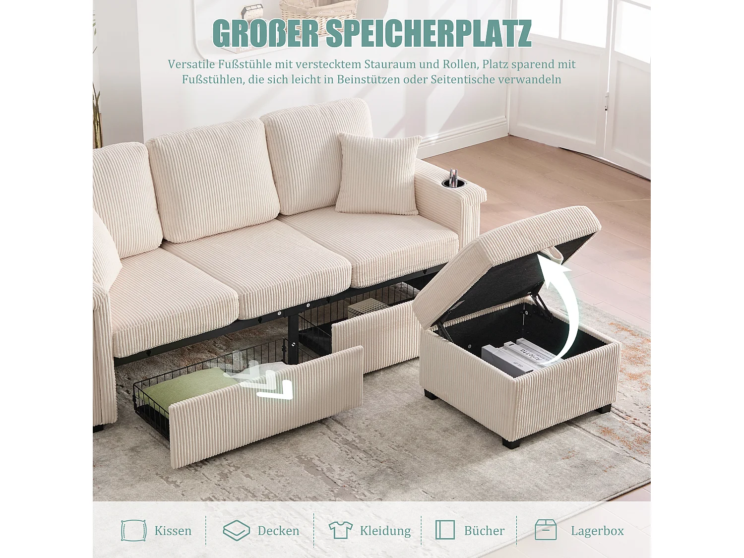 Canapé 4 places - 194 x 73 x 81 cm - avec Leds + USB + repose-pieds avec rangement + 2 tiroirs - Velours - beige