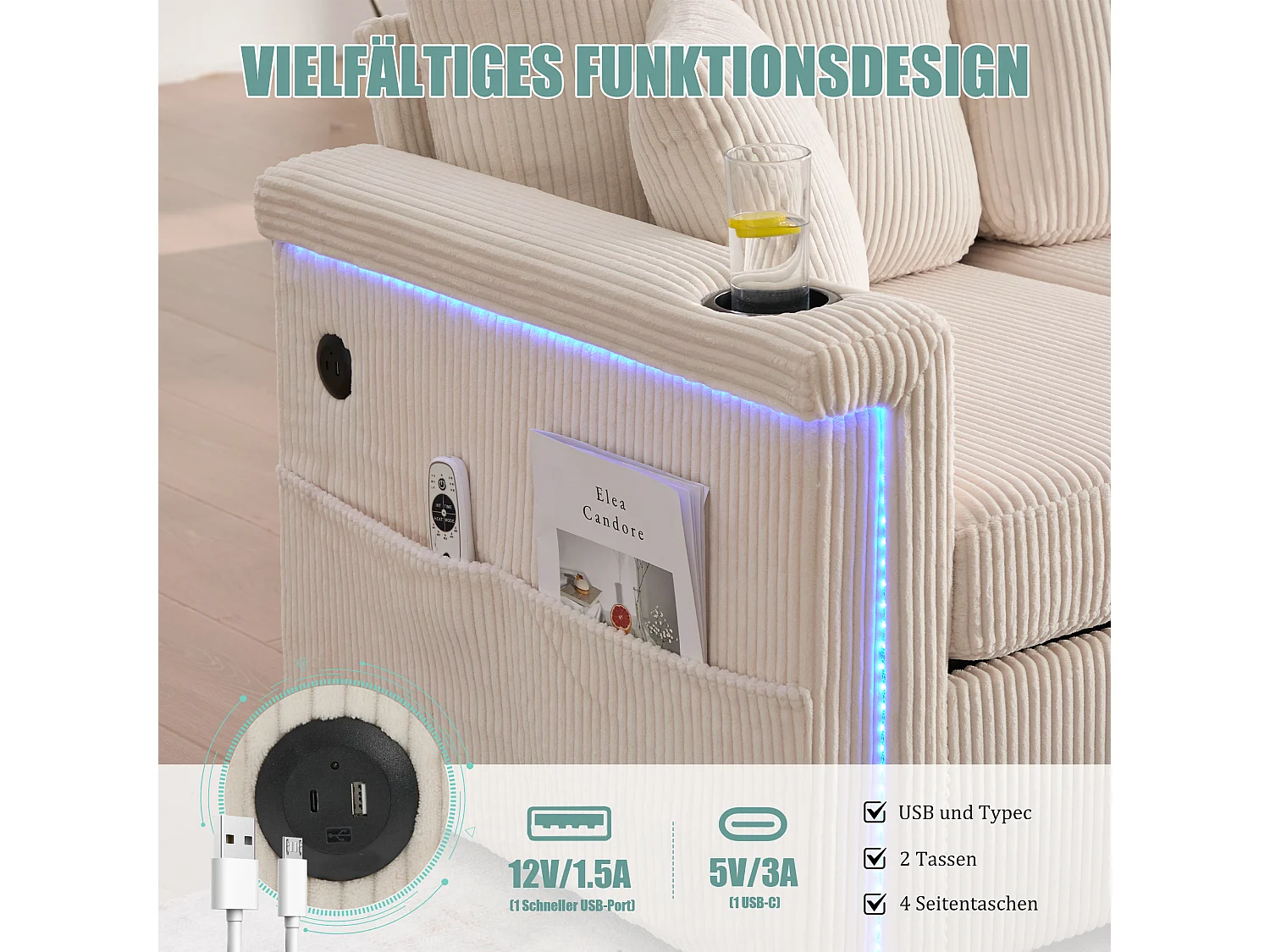 Canapé 4 places - 194 x 73 x 81 cm - avec Leds + USB + repose-pieds avec rangement + 2 tiroirs - Velours - beige