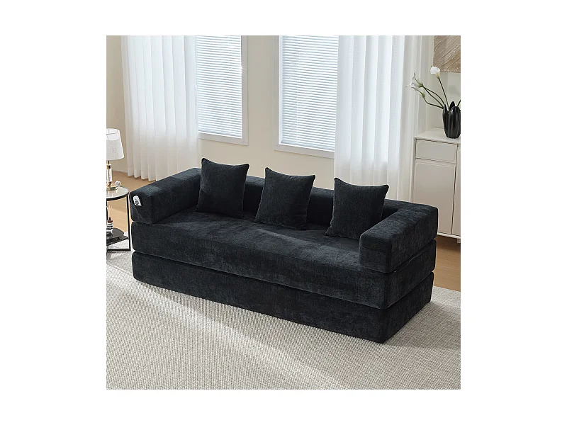 Modulares Sofa - 198 x 79 x 60 cm - umbaubar - mit Seitentaschen - Chenille - schwarz