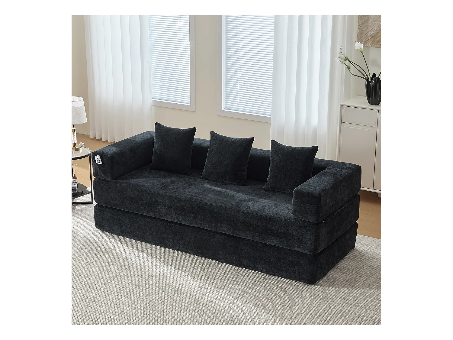 Canapé modulable à volonté - 198 x 79 x 60 cm - convertible - avec poches latérales - chenille - noir