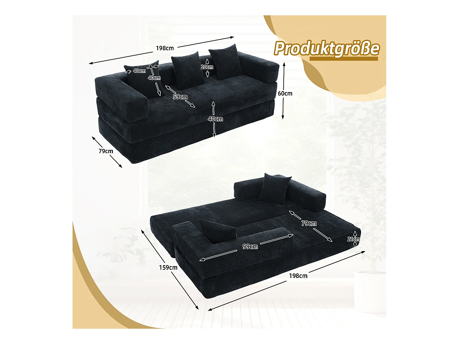 Canapé modulable à volonté - 198 x 79 x 60 cm - convertible - avec poches latérales - chenille - noir