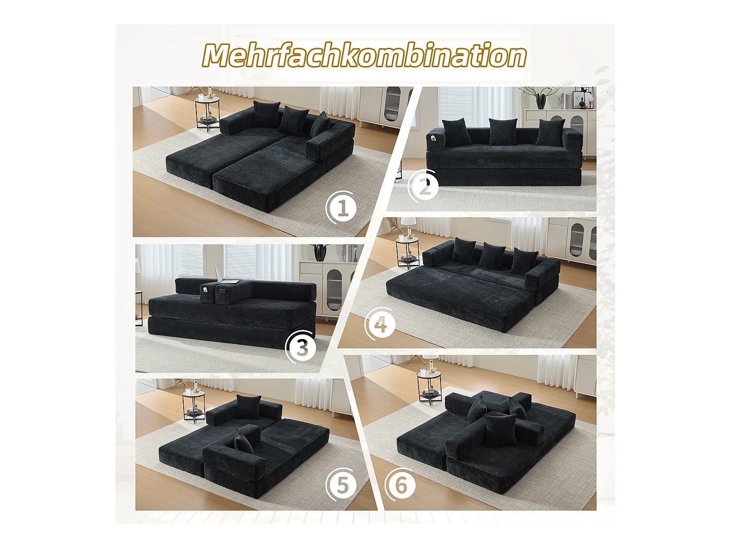 Canapé modulable à volonté - 198 x 79 x 60 cm - convertible - avec poches latérales - chenille - noir