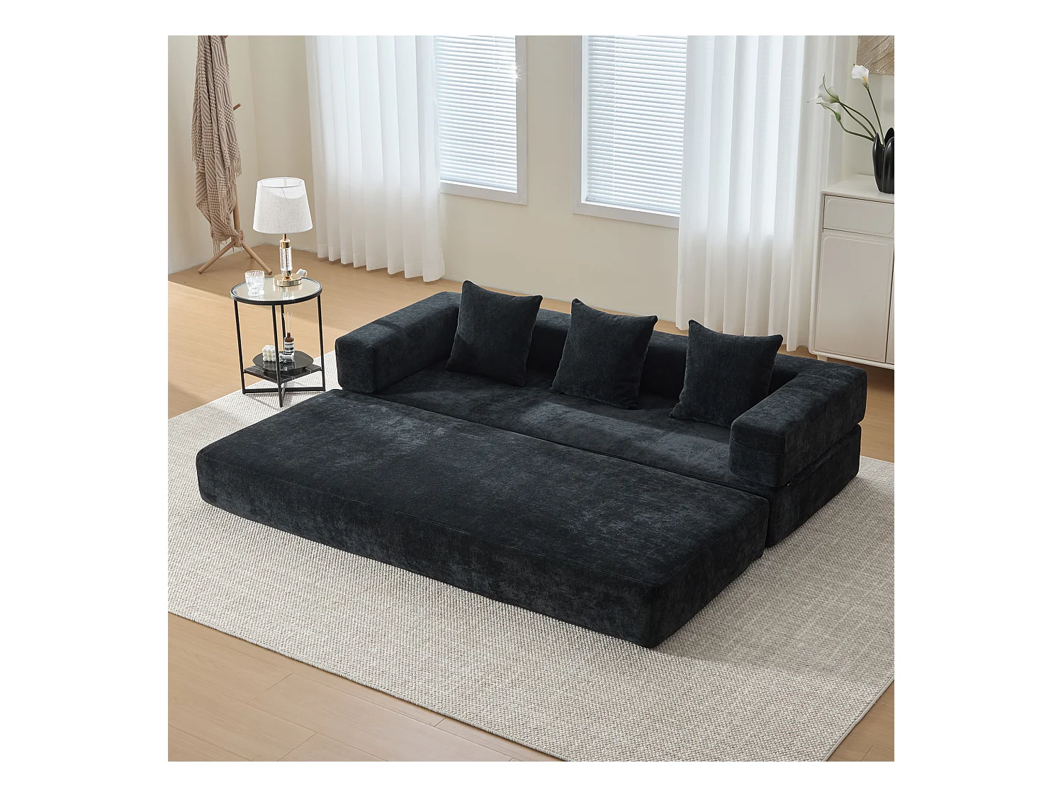 Canapé modulable à volonté - 198 x 79 x 60 cm - convertible - avec poches latérales - chenille - noir