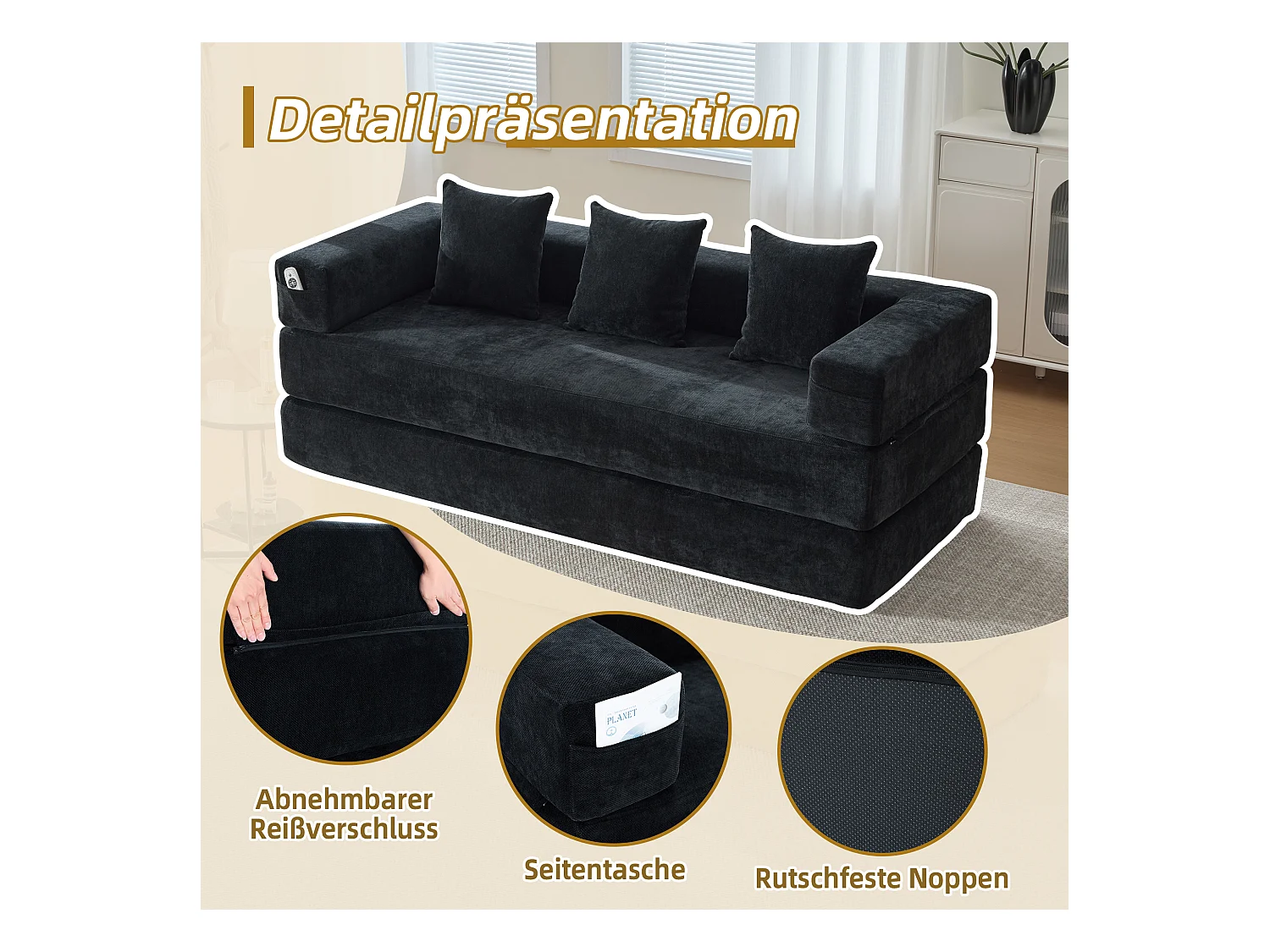 Canapé modulable à volonté - 198 x 79 x 60 cm - convertible - avec poches latérales - chenille - noir