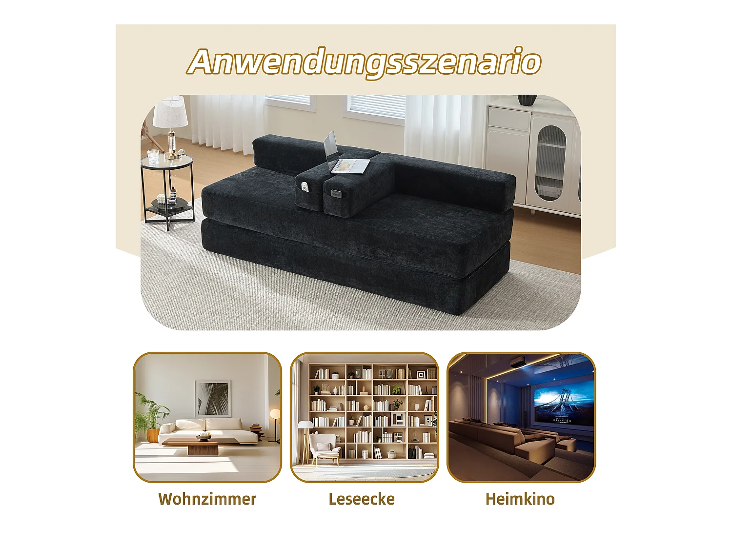 Canapé modulable à volonté - 198 x 79 x 60 cm - convertible - avec poches latérales - chenille - noir