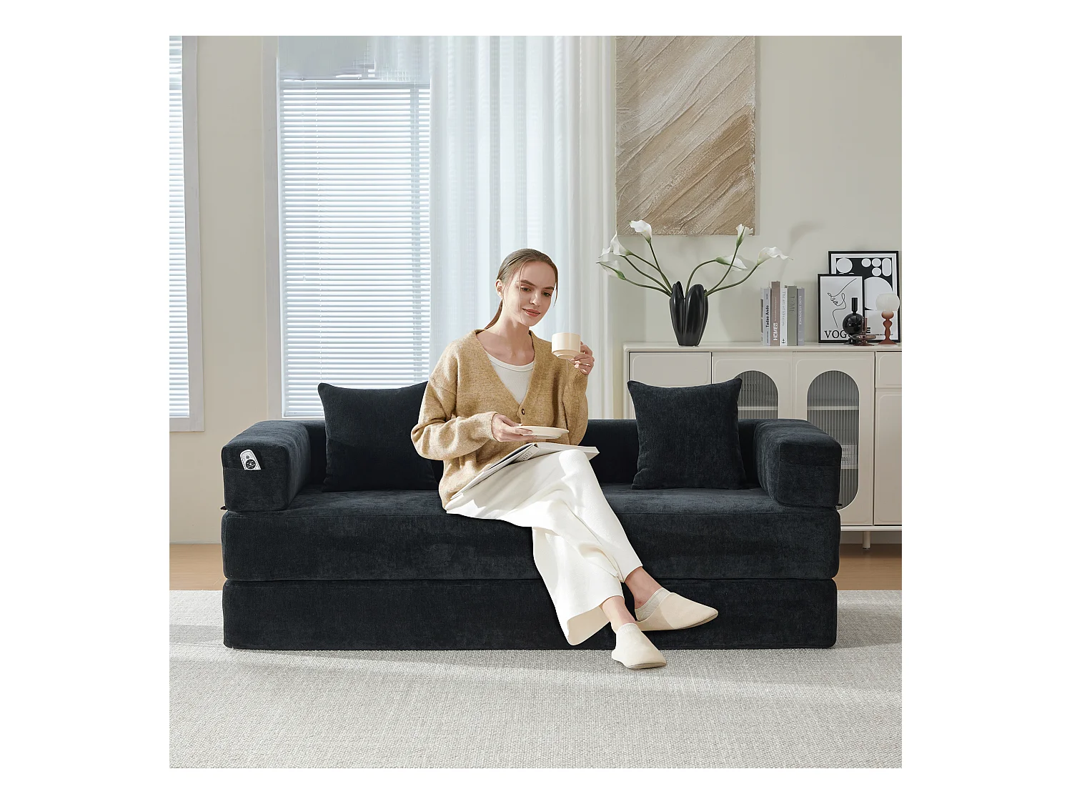 Canapé modulable à volonté - 198 x 79 x 60 cm - convertible - avec poches latérales - chenille - noir